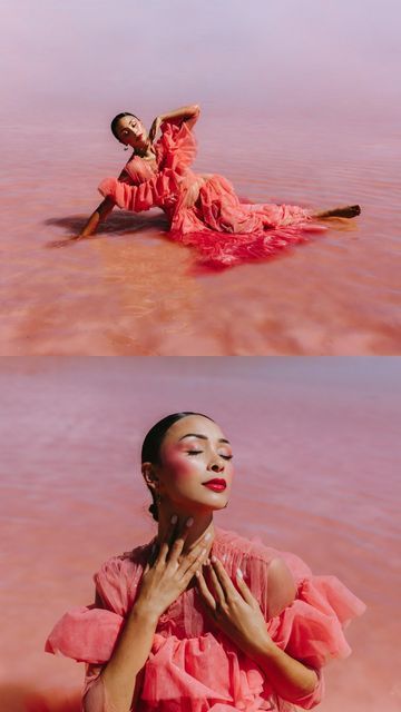 Pink Lake Photoshoot, Marina Williams Photography, Pink Photoshoot Ideas, Marina Williams, Editorial Poses, Pink Photoshoot, Water Photos, Pink Portrait, Water Photoshoot