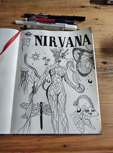 #CoolTattoos #TattooArt #InkMaster #TattooDesigns #InkedUp #TattooLovers #InkInspiration #TattooIdeas #CreativeInk #TattooStyle Nirvana Drawing Easy, Nirvana Doodles, Nirvana Sketch, Nirvana Drawing, Nirvana Art, Line Tattoo Ideas, Notebook Art, Zen Doodle Art, Line Tattoo