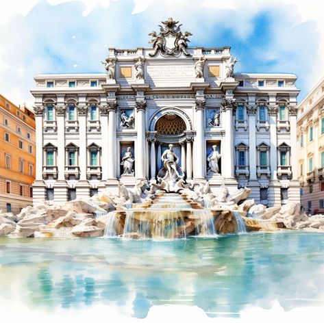 Fountain Watercolor, Rome Watercolor, Ornate Architecture, Fountain In Rome, The Trevi Fountain, Rome Art, Italian Posters, Building Drawing, Delicate Features