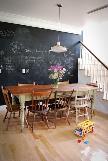 House Tweaking, Mismatched Chairs, Vintage Chalkboard, Stylish Dining Room, Vintage Dining Room, Chalkboard Wall, Farmhouse Living, Farmhouse Table, Room Table