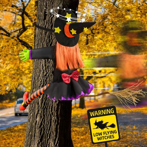 PRICES MAY VARY. 【Funny Witch Halloween Decor】A witch was flying too fast on her broom and suddenly crashing into tree at your yard. How funny it is! She'll be an eye-catching sight for all passers-by, and your friends who came to visit will definitely be amused by this scene. You will have a fun halloween. 【Well-Designed Costume】Crashing witch wears straight star witch hat, red and black striped stockings and red high heels. The golden pumpkin hair makes her look more eye-catching, and the gree Crashing Witch, Outdoor Witch, Witch Props, Halloween Witch Decorations, Hanging Ghosts, Witch Legs, Outdoor Trees, Halloween Supplies, Flying Witch