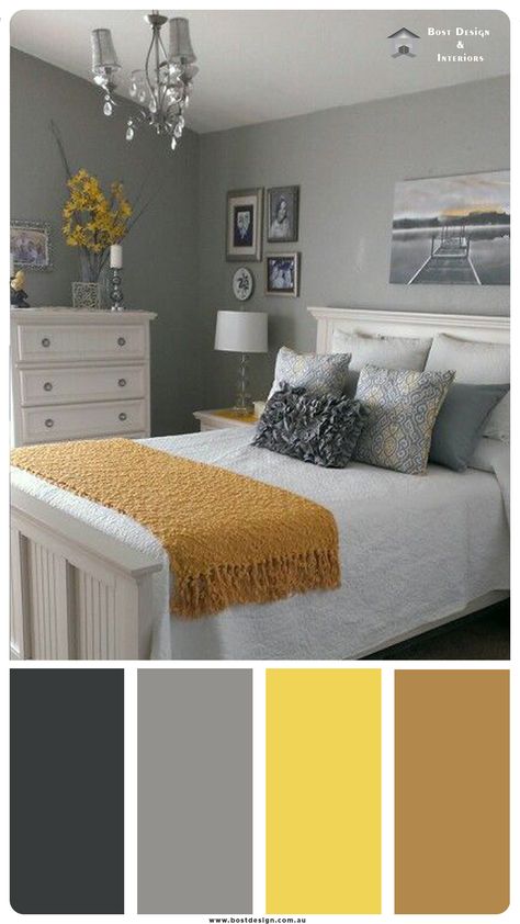 Green Gray Yellow Color Scheme, Grey Blue Yellow Color Scheme Master Bedrooms, Brown And Yellow Bedroom Ideas, Gray Bedroom Walls With A Pop Of Color, Dark Gray Color Scheme, Mustard Yellow And Grey Bedroom, Grey Color Bedroom Ideas, Bedroom Inspirations Master Color Schemes Yellow, Mustard Yellow Palette