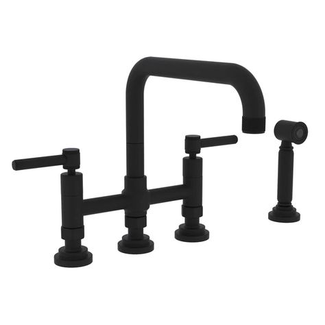 ROHL Campo Deck Mount U-Spout 3 Leg Bridge Faucet with Sidespray - Matte Black with Industrial Metal Wheel Handle - The House of Rohl - A3358IWWSMB-2 Rohl Kitchen Faucet, Ornate Architecture, Bridge Kitchen Faucet, Bridge Faucet, Kitchen Appliances Luxury, Black Kitchen Faucets, Pull Out Faucet, Italian City, Faucet Design