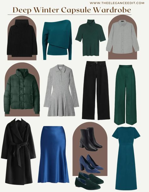 Deep Winter Capsule Wardrobe 2 (1) Deep Winter Capsule Wardrobe, Cool Winter Palette, Deep Winter Palette Outfits, Cool Winter Color Palette, Deep Winter Palette, Deep Winter Colors, Winter Palette, Capsule Wardrobe Women, Color Outfits