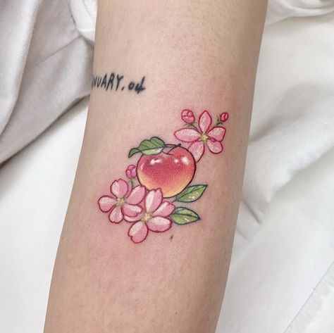 Flower Tattoos (Posts tagged prettytattoo) Kawaii Flower Tattoo, Cute Fruit Tattoos, Strawberry Tattoos, Kawaii Tattoos, Orange Tattoo, People Tattoo, Peach Tattoo, Apple Tattoo, Strawberry Tattoo