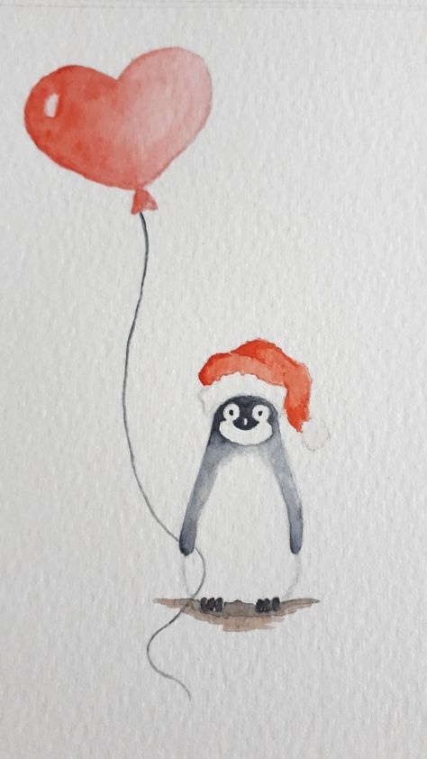 Watercolour Penguins Paintings, Water Paint Card Ideas, Watercolor Penguin Christmas, Christmas Inspired Paintings, Cute Watercolour Christmas Cards, Watercolour Painting Christmas Card, Watercolour Painting Christmas, Thank You Christmas Image, Xmas Cards Watercolour