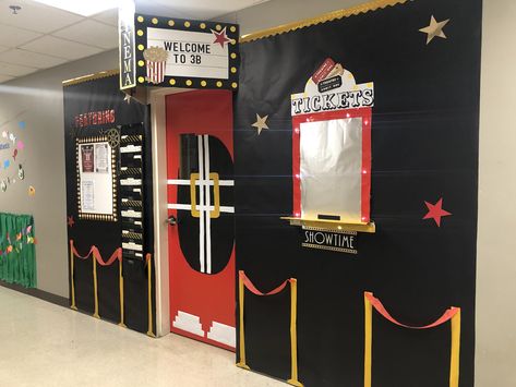 Movie theater classroom Movie Theater Door Decoration, Classroom Movie Theater, Movie Theater Sleepover Ideas, Movie Theatre Classroom Theme, Cinema Classroom Theme, Broadway Classroom Theme, Movie Vbs Decorations, Christmas Movie Office Decorations, Movie Theater Classroom Ideas