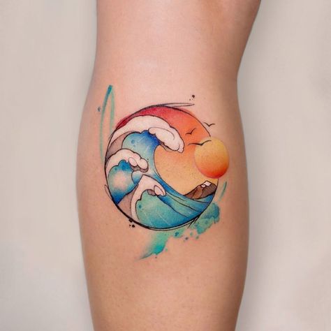 340+ Beach Tattoo Designs (2023) - TattoosBoyGirl Moomin Tattoo, Niece Tattoo, Watercolor Tattoo Sleeve, Colour Tattoo For Women, Wave Tattoo Design, Island Tattoo, Wave Tattoo, Circle Tattoos, Ocean Tattoos