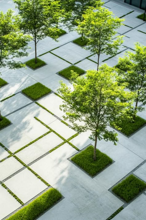 Grid of grass squares amid concrete paths, dotted with lush trees. From courtyards and parks to your own backyard, landscape architecture done right can turn even weeds into works of art. Grass And Concrete Squares, Grid Landscape Design, Concrete Paths, Landscape Plaza, Landscape Paving, Concrete Path, Plaza Design, Modern Courtyard, Architectural Landscape