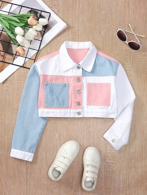 Multicolor Casual Collar Long Sleeve Denim Colorblock Other Embellished Non-Stretch  Tween Girls Clothing Canada Clothes, Girls Denim Jacket, Cute Short Dresses, African Fashion Women Clothing, African Fashion Women, Beauty Clothes, Personalized Clothes, Art Dress, Girls Denim