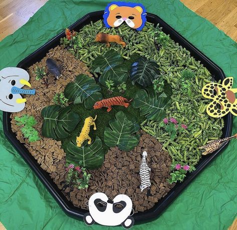 Rainforest Tuff Tray Ideas, Jungle Animal Tuff Tray Ideas, Rainforest Tuff Tray, Jungle Messy Play Ideas, Jungle Messy Play, Safari Tuff Tray Ideas, Jungle Tuff Tray Ideas, Jungle Sensory Play, Monkey Puzzle Eyfs