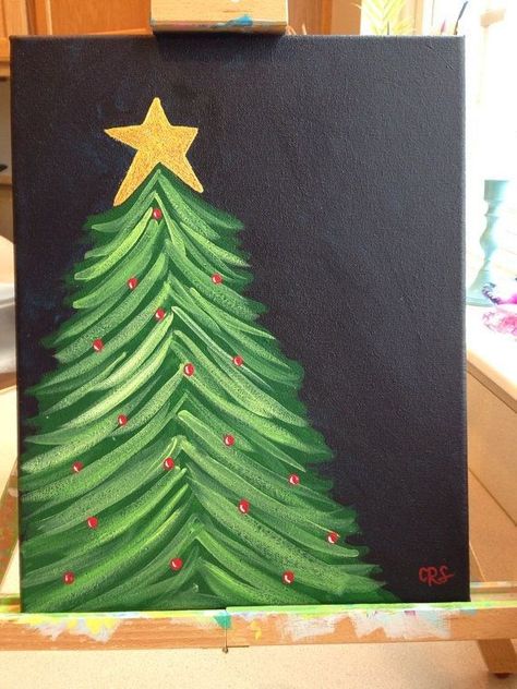 Diy Christmas Canvas, Diy Christmas Paintings, Christmas Paintings On Canvas, Christmas Tree Painting, Holiday Painting, Art Carte, Christmas Canvas, Christmas Paintings, Glitter Christmas