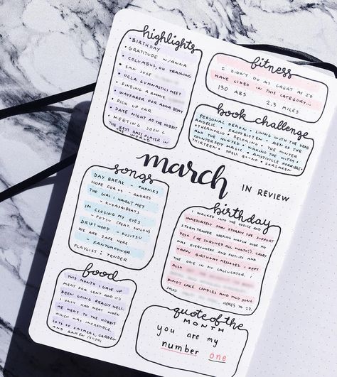 Gabby’s Bullet Journal on Instagram: “✅ March - In Review  My sentimental self is loving how this page turned out! ☺️ I think it’ll be great to look back at each month and see a…” Month In Review Bullet Journal, Monthly Review Bullet Journal, Bullet Journal Monthly Review, Journal Month Page, Bullet Journal Review, Bullet Journal Entries, Month Journal, Month In Review, Empty Notebook