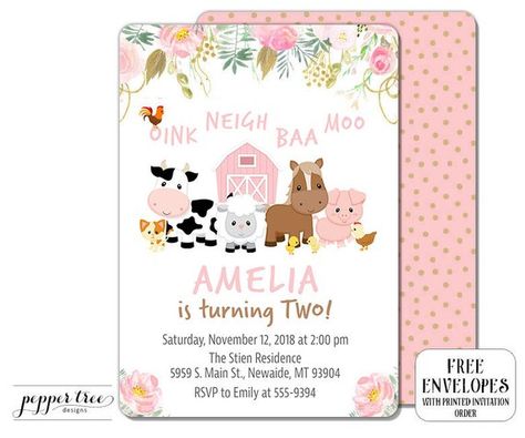 Farm Animals Birthday Invitation for Girl with Flowers pink - 2nd Birthday or any age - Second Oink Farm First Birthday Girl, Animals Birthday Invitation, Farm Animals Birthday, Animals Birthday Party, Farm Invitation, Animal Birthday Invitation, Farm Animals Birthday Party, Farm Themed Birthday Party, Barnyard Party