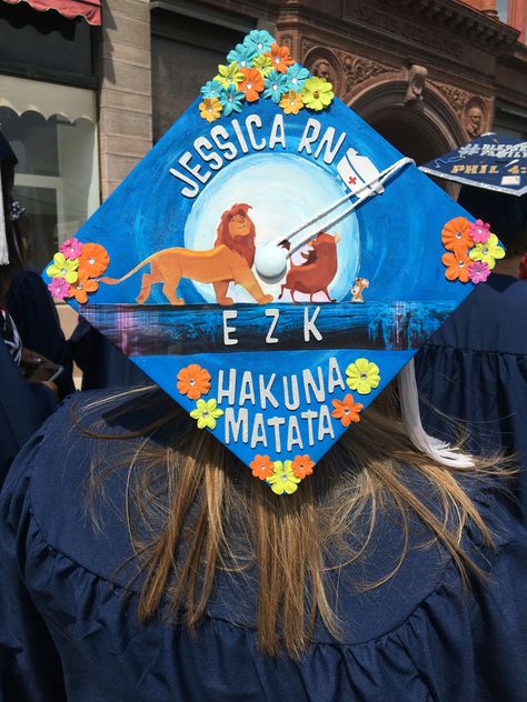 My hand painted and collaged nursing school graduation cap! Hakuna Matata Nursing School Graduation Cap, Graduation Things, High School Graduation Cap, Grad Cap Designs, Nursing School Graduation, Cap Decoration, Grad Caps, Graduation Cap Designs, Cap Ideas