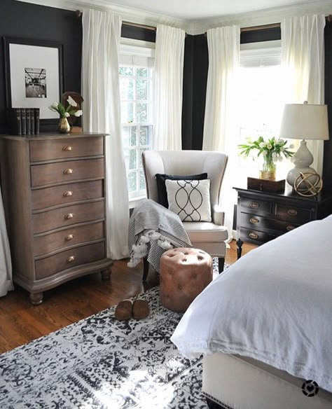 Curtains Interior Room, Trendy Bedroom, Master Bedrooms Decor, Remodel Bedroom, Upholstered Bed, Black Walls, Beautiful Bedrooms, Guest Bedroom, Home Decor Bedroom