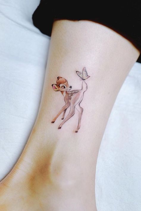 #Tattoo Girls #Girl Tattoos #Trendy Tattoos #Cute Tattoos #Small Tattoos #Flower Tattoos #Grunge Tattoo #New Tattoo Designs #Tattoo Designs For Women Simple Ankle Tattoos, Bambi Tattoo, Ankle Tattoo Ideas, Bambi 1942, Sister Tat, Disney Sleeve, Country Tattoos, Disney Tattoo, Disney Tattoos