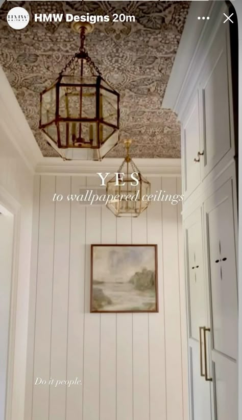 Grass Cloth Foyer, Adding Charm To New Build, Wallpaper Ceiling Entryway, Hallway Ceiling Wallpaper, Wallpaper Ceiling Hallway, Wallpaper Hallway Ideas, Wallpaper Mudroom, Hallway Makeover Before And After, Wallpaper Entryway