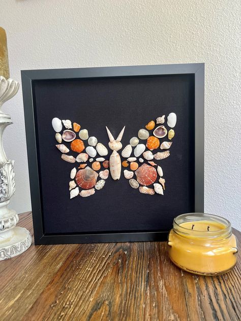 Seashell butterfly, Seashell collage art, seashell shadowbox, seashell mandala, seashell decor, seashell mosaic, Florida seashell collection by SeaTreasuresBySherry on Etsy Butterfly Seashell Art, Seashell Crafts Artwork, Mandala Seashell, Butterfly Shell Art, Shells Artwork, Seashell Mandala, Seashell Butterfly, Seashell Collage, Jingle Shells