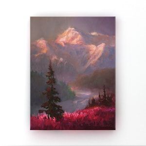 Painted by landscape artist Karen Whitworth, this painting shows the beauty of Alaska in summer. It is available as canvas wall art in several sizes including large canvases to make a beautiful Alaska feature wall or accent wall. Click the painting to view more info. Alaskan Mountains, Alaska Painting, Summer Landscape Painting, Alaska Landscape, Alaska Mountains, Alaska Art, Wildflower Paintings, Mt Everest, Mountain Landscape Painting