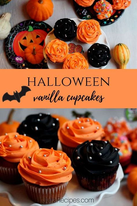 Elegant Halloween Cupcakes, Black Halloween Cupcakes, Black And Orange Cupcakes, Halloween Swirl Cupcakes, Halloween Cupcakes Purple And Orange, Halloween Cupcakes Glass Shards, Candy Corn Recipe, Moist Vanilla Cupcakes, Big Cupcake