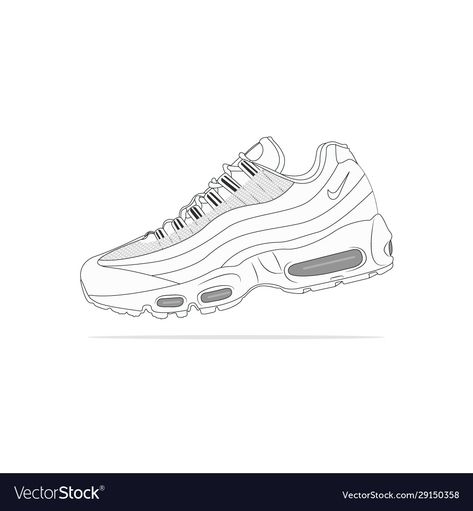 Air Max Drawing, Nike Cortez Drawing, Sneaker Outline, Airmax 95 Anatomy Of Air, Nike Air Max Motif, Airmax 95, Nike 95, Nike Art, Flat Drawings