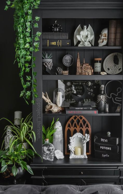 Gothic Apothecary Decor, Dark Academia Aesthetic House Decor, Goth Office Ideas, Modern Goth Living Room, Apothecary Living Room, Goth Living Room Modern, Southern Gothic Home Decor, Garage Halloween Party, Modern Goth Home