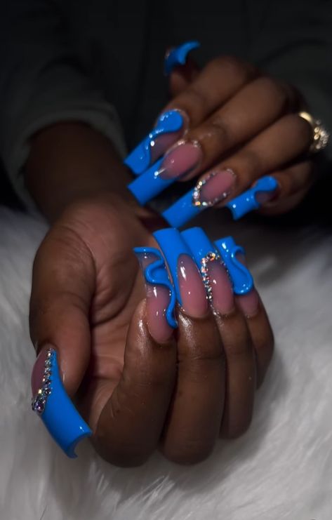 Extra Baddie Nails, Baddie Nail Ideas, Crazy Acrylic Nails, Crazy Nail Designs, Curved Nails, Acrylic Toe Nails, Blue Acrylic Nails, Nails Design With Rhinestones, Long Nail