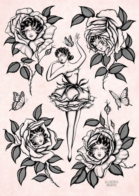 Premium quality A3 fine art print on 310gsm Ilford Galerie Textured Cotton Rag. Rose With Lace Tattoo, Cute Art Tattoos, Tattoo Shop Window Display, French Style Tattoo, Plus Size Pinup Art, 1920s Tattoo Ideas, Tattoo Model Women, Art Deco Tattoo Woman, Traditional Lady Tattoo