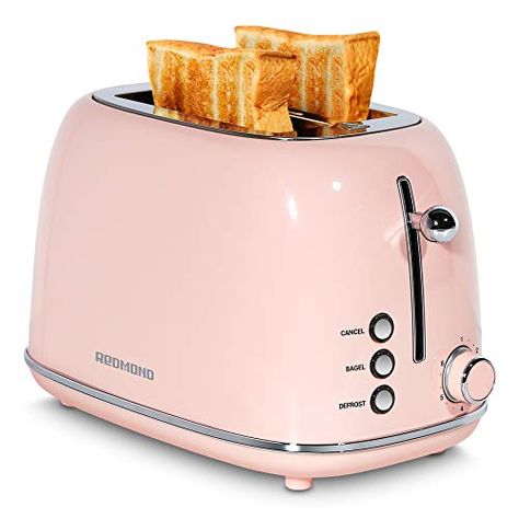 REDMOND 2 Slice Toaster Retro Stainless Steel Toaster with Bagel, Cancel, Defrost Function and 6 Bread Shade Settings... Yellow Toaster, Pink Toaster, Retro Toaster, Pink Kitchen Decor, Bread Toaster, Stainless Steel Toaster, Bus Ideas, Real Bread, Kettle And Toaster