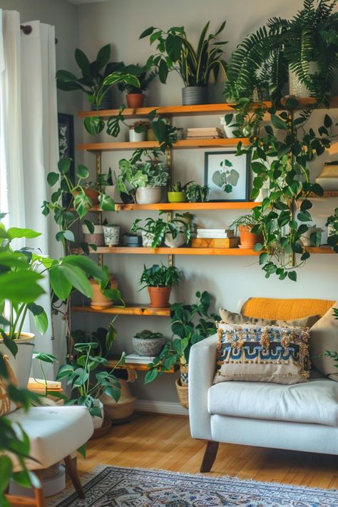 Plant corner Indoor plant care Plant aesthetic Plant shelf Small Plant Themed Apartment, Room Of Plants, Studio Apartment With Plants, Indoor Jungle Aesthetic, Plants In Room, Indoor Plant Room, Plant Room Ideas, Indoor Plants Styling Living Rooms, Plant House Aesthetic