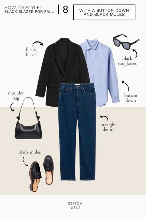 Black Blazer Outfit Ideas, Smart Casual Outfit Ideas, Blue Blouse Outfit, Dark Blue Jeans Outfit, Blue Denim Jeans Outfit, Blazer Outfit Ideas, Black Blazer Outfit, Outfit Ideas For Fall, Casual Attire For Women