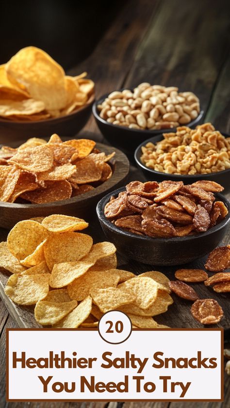 A variety of healthier salty snacks, including baked chips and roasted nuts, displayed on a wooden table, offering a crunchy and guilt-free snacking option. Healthy Snacks To Replace Chips, Healthy Salty Snack Ideas, Crunchy Snacks Healthy, Crunchy Healthy Snacks, Salty Snacks Healthy, Healthy Make Ahead Snacks, Low Calorie Salty Snacks, Salty Healthy Snacks, Savory Snacks Healthy