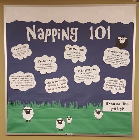 Napping 101 - Bulletin Board - made by Samantha Gillihan Nap Time Bulletin Boards, Bulliten Board Ideas College, Easy Ra Bulletin Boards, Educational Bulletin Board Ideas, Bulletin Board Design Classroom, Bulliten Board Design, Ra Decorations Hallways, Wellness Bulletin Boards, Ra Event Ideas