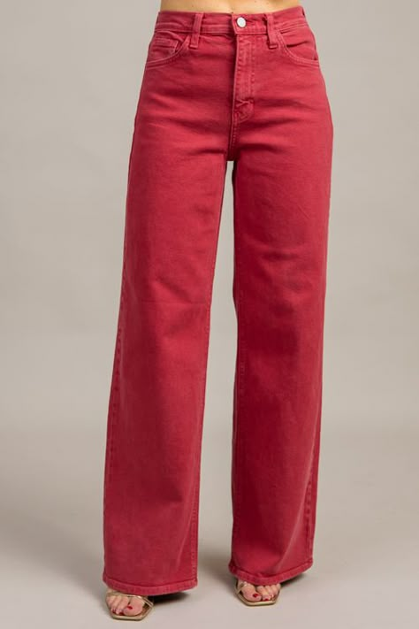 Add a bold pop of color to your outfit with these jeans! They boast a washed red color and a modern wide leg silhouette. Jeans feature a slimming high-rise waist and a functional 5 pocket design. Red Wide Leg Jeans, Red Jeans Outfit Winter, Salon Fits, Zara Jeans Outfit, Red Jeans Outfit, Period Pieces, Red Jeans, Blue Door, Zara Jeans