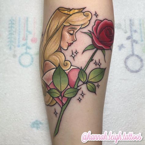 Disney Princess Tattoo Ideas, Tatoo Pic, Princess Tattoo Ideas, Rose Forearm Tattoo, Disney Thigh Tattoo, Rose Cinderella, Sleeping Beauty Tattoo, Hannah Leigh, Mastectomy Tattoo