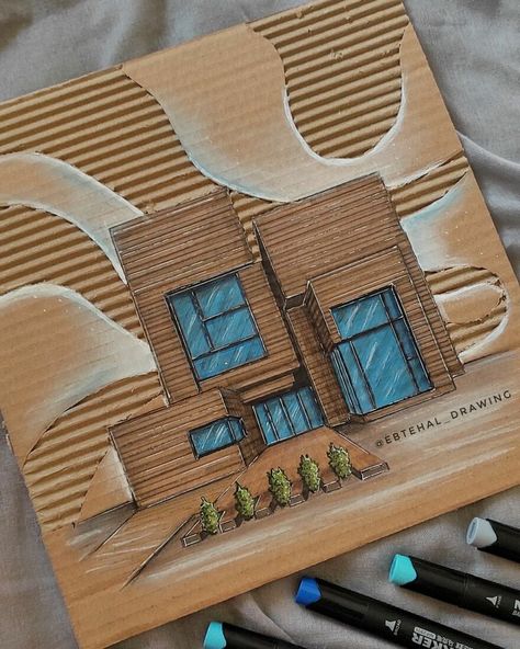 26 Buildings Drawn On Pieces Of Cardboard To Create A 3D Effect By A 5th-Year Student Of Architecture | Bored Panda Drawings On Cardboard, Building With Cardboard, Pencil Drawing Aesthetic, Cardboard Aesthetic, Portrait Drawing For Beginners, Cardboard Architecture, Buildings Drawings, Cardboard Building, Cardboard Drawing