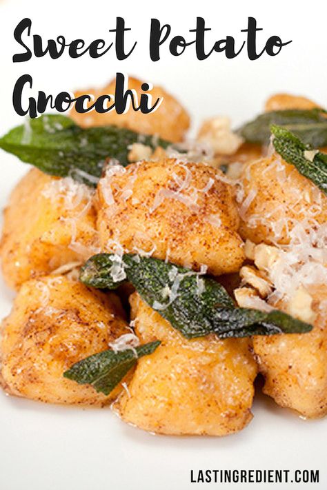 Gnocchi is deceptively simple with its uncomplicated ingredients—potato, egg, flour—but the technique requires practice to get superb results. While not traditional Italian, this recipe uses sweet potato and walnuts for a more complex and nutty flavor. Sweet Potato Gnocchi, Sunday Dinner, Vegetarian Cheese, Brown Butter, Gnocchi, Fruits And Veggies, Recipe Using, Side Dish Recipes, Sweet Potato