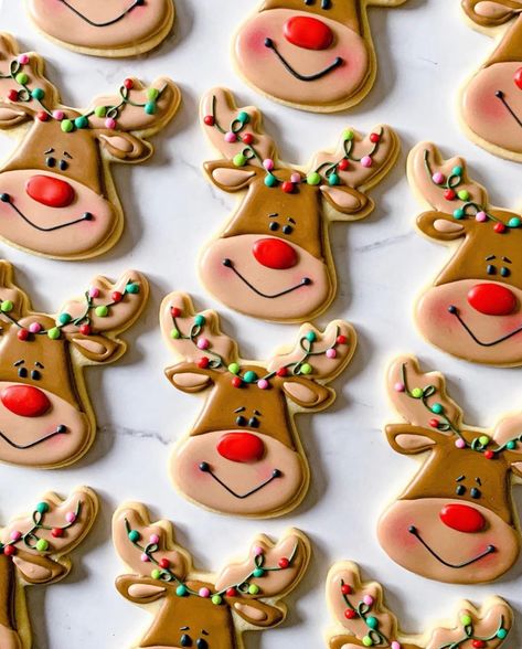 Reindeer Cookies Decorated, Christmas Reindeer Cookies, Iced Christmas Cookies, Rudolph Cookies, Decorated Christmas Cookies, Christmas Cookie Cake, Christmas Sugar Cookies Decorated, Cute Christmas Cookies, Reindeer Cookies