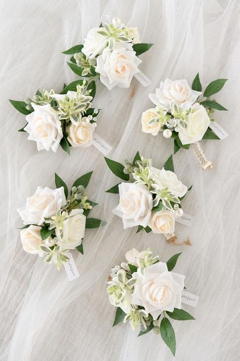 Natural Whites Flowers Pre-arranged Package | Bouquets + Wrist Corsages + Boutonnieres Corsage Wedding Mother, Mother Of Bride Corsage, Shoulder Corsage, Wrist Corsage Wedding, Wrist Corsages, Bridesmaid Corsage, Wedding Corsage, Wedding Flower Packages, Handmade Bouquets