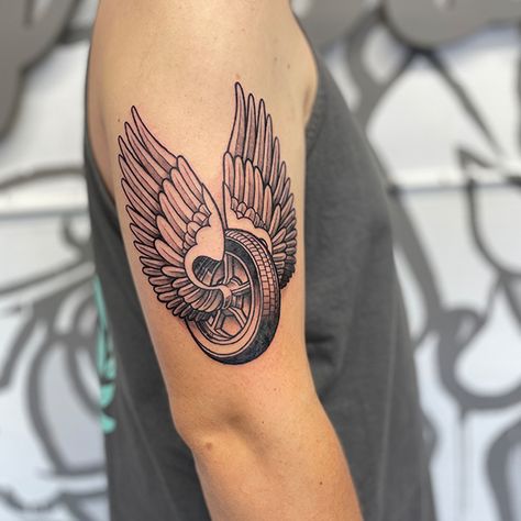 Wing Wheel Tattoo, Tire With Wings Tattoo, Motorcycle Wings Tattoo, Motorcycle Angel Wings Tattoo, Wheel And Wings Tattoo, Winged Wheel Tattoo, Motorcycle Inspired Tattoos, Motorcycle Themed Tattoos, Motorcycle Wheel Tattoo