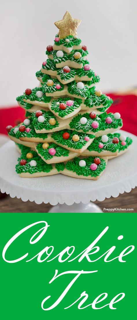 Christmas Cookie Tree Tower as a centerpiece. This cookie tree is also perfect for desserts #preppykitchen #cookie https://preppykitchen.com/cookie-tree/ Cookie Stack, Green Frosting, Cookie Tree, Snow Covered Christmas Trees, Delicious Christmas Cookies, Holiday Cookies Christmas, Magic Christmas, Tree Cookies, Christmas Tree Cookies