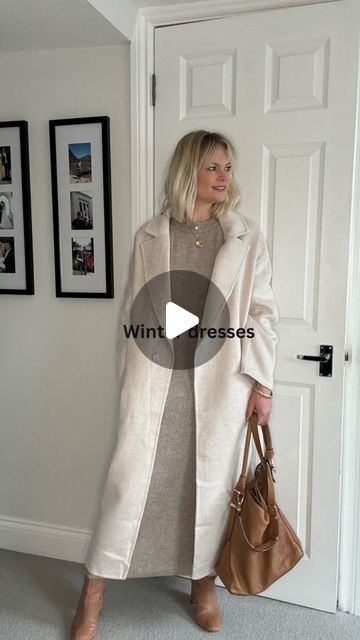 Claire Lopez on Instagram: "Winter dresses… Knitted dresses have been big this season so here are 5 different outfit ideas with yours. One to save 📌 They’re another great warm option if you go for a more relaxed style thanks to the layering opportunities! Head to stories for a knit dress try on too. 🧶 Wear with flat chunky boots and maxi wool coats. 🧶 Or go for a leather jacket when it’s a bit warmer. 🧶 Swap in trainers and just hitch up your leggings! 🧶 Wear with your longline puffa coat for extra warmth and for a casual look. 🧶Dress up with a knee high heeled boot Knitted dresses @hm linked on stories and saved in Jan reels highlight Maxi coat @hm current and linked on stories Scarf @mintvelvet current and linked on stories Leggings/puffa/socks/nylon cross body bag @uniq Longline Wool Coat Outfit, Maxi Dress With Coat, Maxi Coat Outfit, Cream Cardigan Outfit, Long Jacket Outfit, Dresses Knitted, Wool Coat Outfit, Knitted Dress Outfit, Taupe Bag