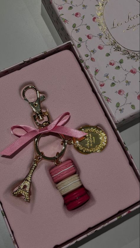 Laduree macaron keychain. Pink and red. Paris. Pink French Aesthetic, Laduree Keychain, Aesthetic Key Chains, Laduree Aesthetic, Coquette Keychain, Hair Room Decor, Macaron Keychain, Keychains Aesthetic, Bridgerton Hair