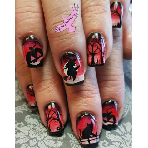 Red hand painted Halloween nails. Nail art with a cat witch dead trees and pumpkins @the_pinkraven @customs_by_christy Gel Nails Ideas Halloween, Exotic Nail Designs, Gothic Nail Art, Halloween Nail Art Easy, Hand Painted Halloween, Black Halloween Nails, Holloween Nails, Halloween Nails Easy, Cute Halloween Nails