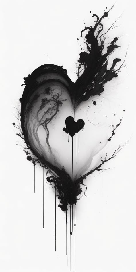 Black Broken Hearts Background, Dark Love Artwork, Ink Painting Ideas, Black Heart Wallpaper, Polka Tattoo Designs, Trash Polka Tattoos, Black Heart Tattoos, Trash Polka Tattoo Designs, Tiki Tattoo