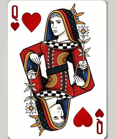 Queen Card Design, Lotusblume Tattoo, Queen Of Hearts Tattoo, Queen Of Hearts Card, Queen Card, Playing Cards Art, Playing Cards Design, Architecture Art Design, Design Illustrations