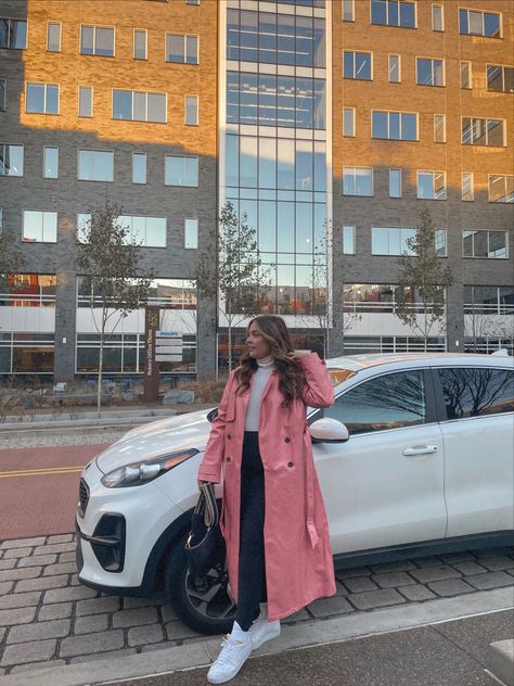 Girl in city standing in front of aesthetic buildings and white car, wearing pink trench coat, leggings, white turtleneck, white tennis shoes and white socks with Prada purse. Aesthetic pose Trench Coat Fashion, Pink Trench Coat, Trench Coat Style, Coat Fashion, Trench Coat, My Favorite, Pink, Clothes