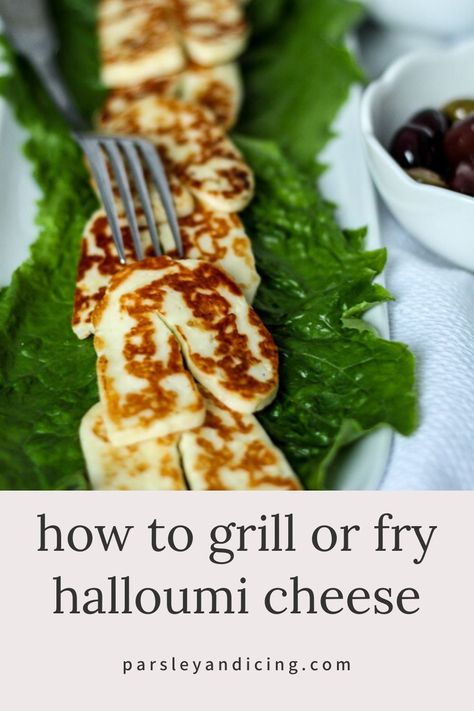 Make this delicious halloumi cheese as an app or part of a hearty breakfast! Halloumi cheese is a briny, delicious cheese that can be grilled or fried without melting! This quick, easy recipe for Grilled and Fried Halloumi Cheese will tell you how to fry or grill delicious halloumi cheese! Halumi Cheese Breakfast, Halumi Cheese Grilled, Breakfast Halloumi, Halumi Cheese, Fried Halloumi Cheese, Halloumi Cheese Recipes, Cooking Halloumi, Halloumi Recipes, Haloumi Recipes