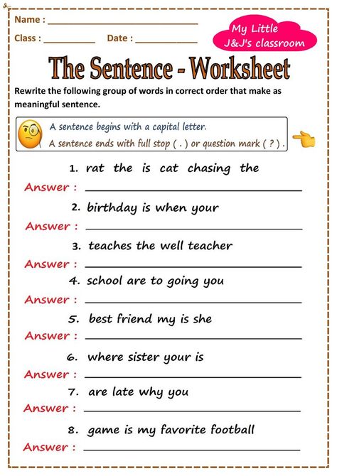 Sentence printable worksheet # English grammar worksheet-primary class children Sentence Worksheet, Sentences Worksheet, Worksheet For Class 2, 2nd Grade Grammar, Jumbled Words, Punctuation Worksheets, Meaningful Sentences, Word Family Worksheets, Kindergarten Worksheets Free Printables